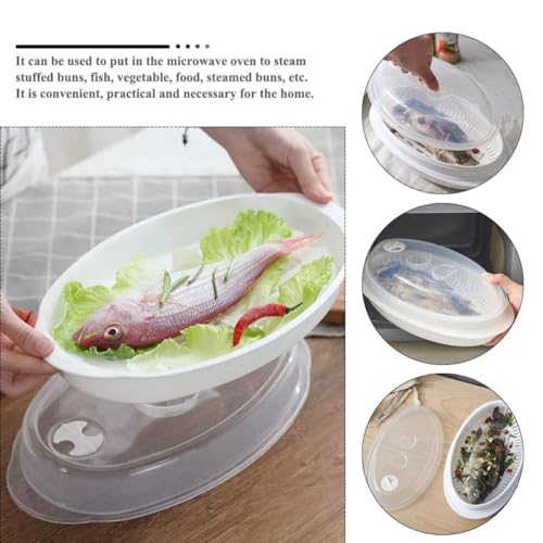 NUOBESTY Microwave Steamed Fish Plate with Lid, Versatile Microwave Steamer for Vegetables and Dumplings, Rapid Heat Transfer Food Steaming Container for Kitchen Cooking