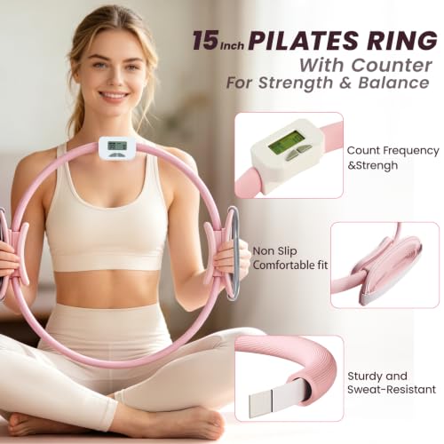Pilates Kit for Home Workouts,Pilates Equipment for Women with 15" Ring | Pilates Ring with Smart Counter & Timer,Pilates Resistance Bands, Ball 9.8" Socks,Core Sliders Pilates Starter Kit for Women