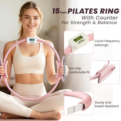 Pilates Kit for Home Workouts,Pilates Equipment for Women with 15" Ring | Pilates Ring with Smart Counter & Timer,Pilates Resistance Bands, Ball 9.8" Socks,Core Sliders Pilates Starter Kit for Women