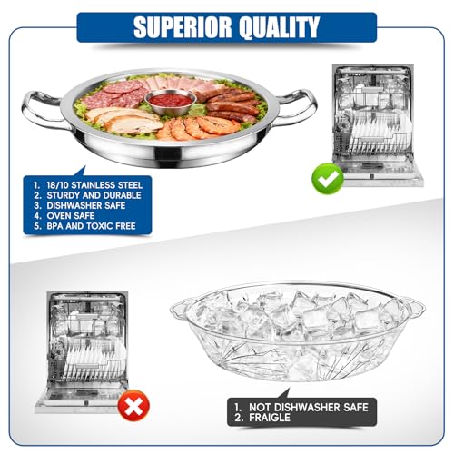 3-Set 12 Inch Chilled Serving Trays, Shrimp Cocktail Serving Dish, Cold Charcuterie Board with Ice Trays for Appetizer Oyster Salad Fruit Buffet Parties, Dishwasher Safe, Stainless Steel 18/10 - size: 3-Set Round