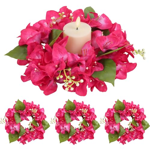 IPOPU Candle Wreath Rings,4PCS Floral Candle Rings for Pillars Deep Pink Bougainvillea Artificial Flowers for Boho Wedding Tables Centerpieces Valentine's Day Wall Home Decor (Deep Pink) - color: Deep Pink
