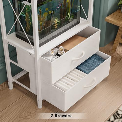 Fish Tank Stand 10 Gallon with 2-Tier Shelf, Aquarium Stand with 2 Drawers, Metal Frame Heavy Duty Reptile/Turtle Tank Stand for Home Office, Fish Tanks Accessories Storage, White