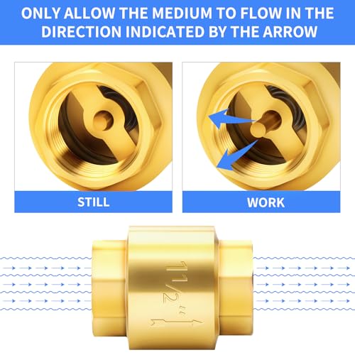 ChillWaves Brass In-Line Spring Check Valve 1-1/2" NPT Female Thread, One-Way Non-return Vertical Check Valve for Backflow Prevention(1-PACK) - size: 1-1/2" FNPT, style: PACK OF 1