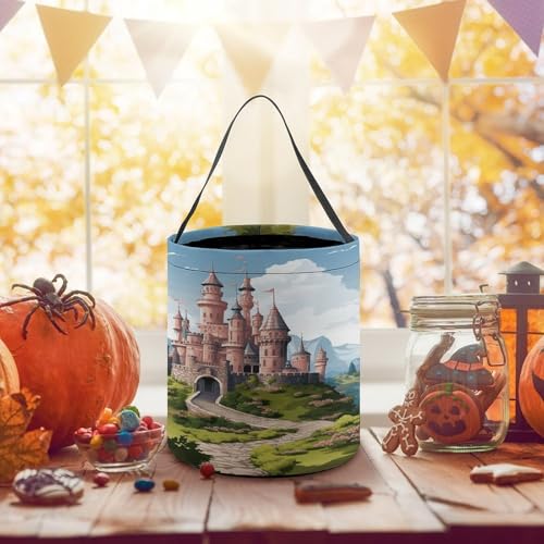 Halloween Trick Or Treat Bags With Handles Collapsible Candy Bucket Reusable Fairy Tale Castle Printed Goody Bucket For Holiday Party Gifts - color: Fairy Tale Castle