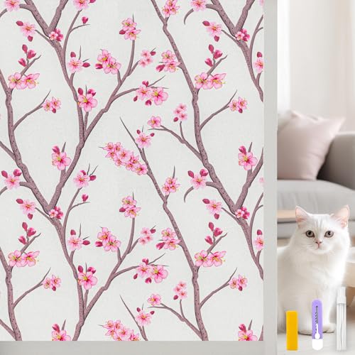 Frosted Static Cling Window Film, Stained Glass Privacy Film with Sakura Pattern, Anti-Glare UV Protection, Removable Decorative Window Clings for Home (Frosted Sakura, 17.5 x78.7 in)