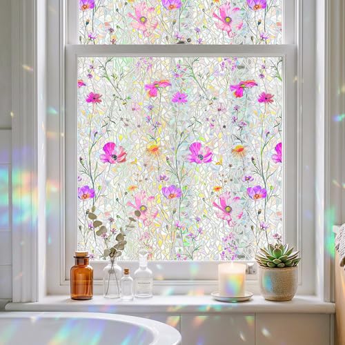 Window Privacy Film, Stained Glass Decorative Static Cling, Removable Laser Sun Blocking Vinyl Covering, Window Film for Home Kitchen Living Room, Lavender Wildflower, 17.5" x 78.7" - color: Lavender Wildflower, size: 17.5" x 78.7"