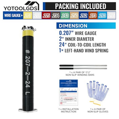 Left Hand Wind（Black Cone）2" Garage Door Torsion Spring with Non-Slip Winding Bars & Gloves, High Precision Electrophoresis Black Coated, for Replacement, MIN 16,000 Cycles (0.207x2''x24'') - size: 0.207X2"X24"-L