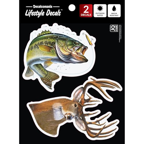 Decalcomania Deer & Bass Decals - Set of 2 Outdoor Hunting Fishing Car Stickers for Car Truck Laptop Water Bottle - color: Deer Bass
