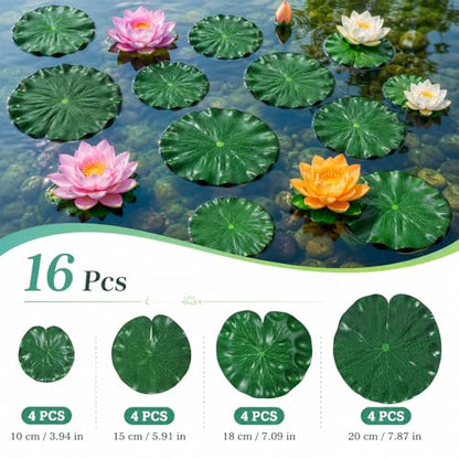 16 Pcs Lily Pad Decor, Lily Pad, Artificial Floating EVA Lotus Leaves for Koi Fish Pool Patio Aquarium (Green)