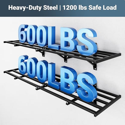 FLEXIMOUNTS 2-Pack 2x6ft Garage Wall Shelving with 8 Hooks, 1200lbs, Black | Heavy Duty Garage Shelving Wall Mounted, Rustproof Finish, Storage for Power Tools, Garden Supplies, Storage Bin, Lite Series - size: 2 pack-2x6 ft