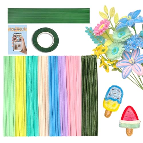311pcs Pipe Cleaners - 300pcs Thick Pipe Cleaners Crafts+ 10 Flower Stems+Green Tape | Art and Craft Projects Supplies for Flowers, Classroom Project, Decoration (Macaron) - color: macaron