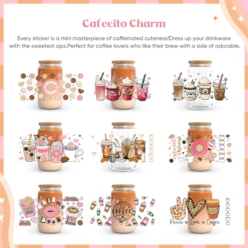 10 Sheets UV DTF Cup Wraps for 16 oz- Coffee Theme UV DTF Stickers, 1 Sheet Mysterious Pattern Transfer, Rub on Transfers Stickers for 16 oz Libbey Glasses Crafting - style: Coffee