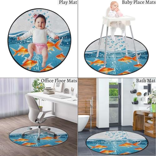 Aquarium Round Office & Gaming Chair Mat for Hardwood Floors, GoldenFish WaterScene Non-Slip Protector for Rolling Chairs,Protect The Floor from Scratches, Orange Gold Blue Diameter 55 in