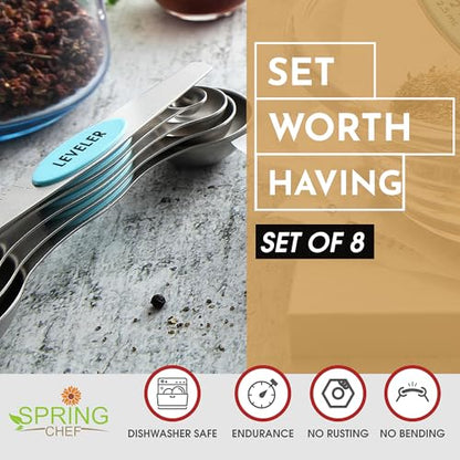 Spring Chef Stainless Steel Magnetic Measuring Spoons Set of 8 with Leveler, Nesting Metal Teaspoon & Tablespoon Measuring Spoons, Fits in Spice Jars, Kitchen Gadgets for Baking & Cooking - Aqua Sky - color: Blue (Aqua Sky), size: 1-Pack