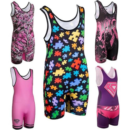 KO Sports Gear Adult Wrestling Singlets, Funny & Holiday Designs, XS-3XL - color: Autism Awareness, size: Small