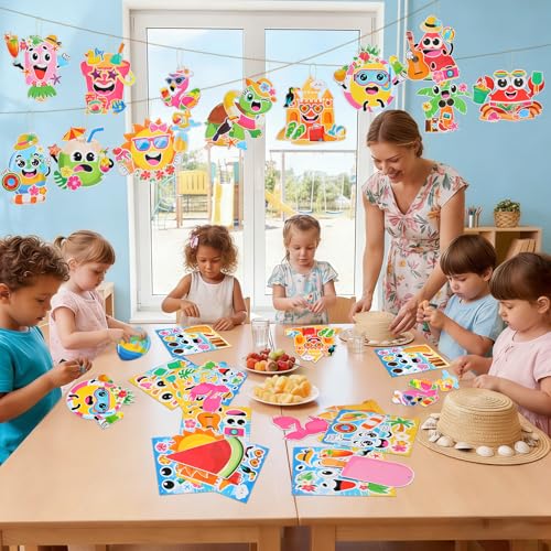 Frienda 48 Set Summer Craft Kit Hawaii Make a Face Paper Sticker Tropical Pool Beach Crafts Make Your Own Pineapple Flamingo Hawaii Sticker for Summer Party Favors Classroom Luau Game Rewards Gift - style: Summer