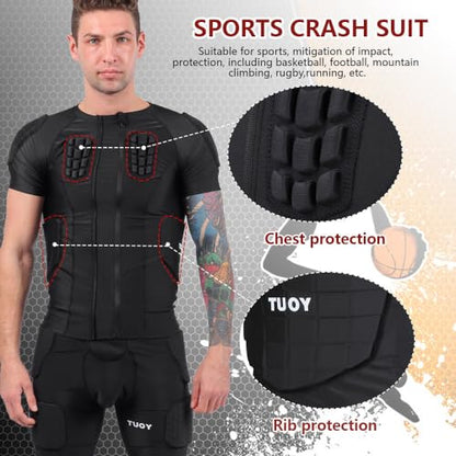 TUOY New Football Rib Chest Protector Shirt Padded Compression Shirts 6 Pads Adult Sizes Dark Black - color: Black, size: XX-Large