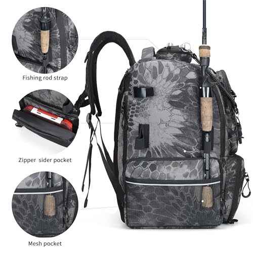 Fishing Tackle Backpack, 45L Storage Waterproof Travel Bag Store Fishing Gear with Insulated Top Pocket