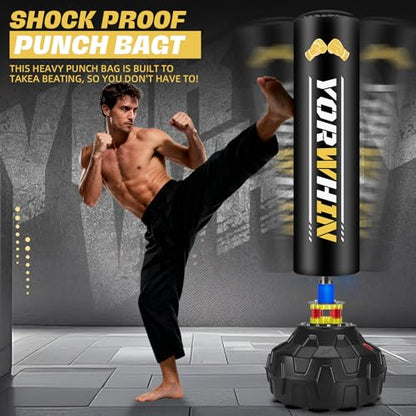 Standing Heavy Boxing Bag for Adult, Freestanding Punching Bag with 12OZ Pro Boxing Gloves and Wrapped Gloves, Boxing Bag with Suction Cup Base, Men Stand Kickboxing Bag for Home Office Gym Training