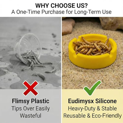 2-Pack Silicone Reptile Food and Water Bowl, Crested Gecko Tank Accessories, Eudimysx Soft Unbreakable Dish for Leopard Gecko & Hermit Crab, Shallow Low Profile & Easy to Clean (Yellow & Green)