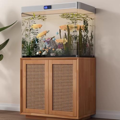 Aquarium Stand, Multi-Functional Retro Fish Tank Stand with Rattan Cabinet Door, Ideal for Living Rooms, Balconies, and Home Offices