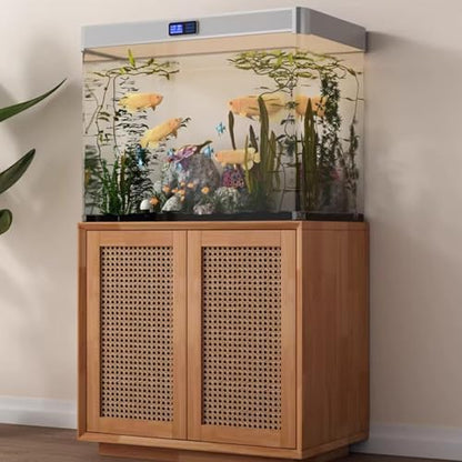 Aquarium Stand, Multi-Functional Retro Fish Tank Stand with Rattan Cabinet Door, Ideal for Living Rooms, Balconies, and Home Offices