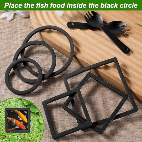 6 Pcs Aquarium Floating Plant Corral, Round & Square Fish Feeding Rings, EVA Fish Tank Accessories for Betta and Small Fishs, Floating Plant Barrier & Feeder Set with 2 Feeding Forks (Black)