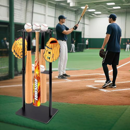 Baseball Bat Holder Stand, Free Standing Bat Rack Holds 8 Bats & 5 Balls | Sturdy metal rack, free standing design, holds 8 bats and 5 balls, 4 glove hooks, no drill storage for home and dugout