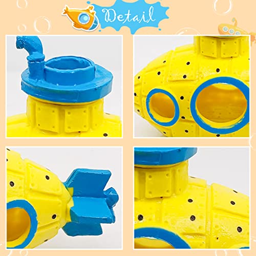Resin Hollow Submarine Fish Tank Decorations Aquarium Shrimp Hideout Aquarium Ornament Hiding Cave Shelter for Shrimp Betta Lizards Hideaway Decor (Submarine Yellow)
