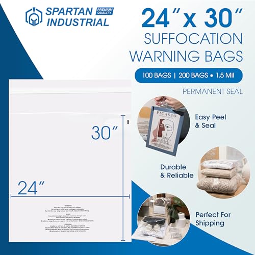 Spartan Industrial - 24" X 30" (100 Count) Self-Seal Clear Poly Bags With Suffocation Warning for Packaging, Shipping, Decor - Permanent Adhesive - size: 24" X 30"