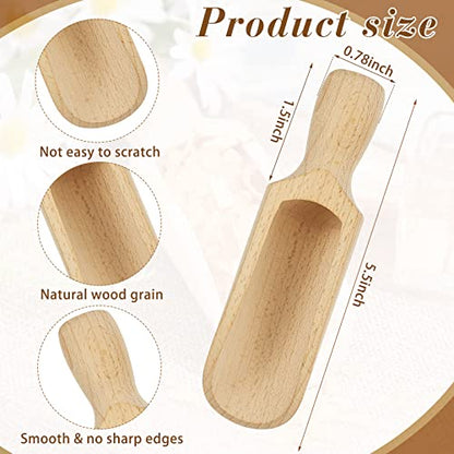 6 Pcs Wooden Scoop 5.5 Inches Beech Wood With Handle - Multipurpose Bath Container for Flour, Tea, Coffee, Seasoning, Cereal, Pepper and More
