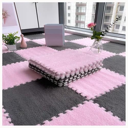 24Pcs Plush Foam Floor Mat Square Interlocking Carpet Tiles 12X12 Inch Puzzle Piece Carpet Squares Thick Fluffy Foam Floor Tiles Carpet for Parlor Bedroom (Pink + Gray) - color: Pink + Gray