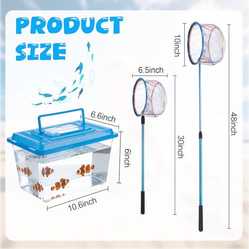2-in-1 Set Telescopic Fishing Net and Beach Fish Tank, 30" to 48" Extendable Lightweight Aluminum Pole with Non-Slip Handle for Catching Observing Release, Outdoor Exploration Kit