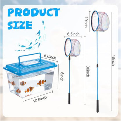 2-in-1 Set Telescopic Fishing Net and Beach Fish Tank, 30" to 48" Extendable Lightweight Aluminum Pole with Non-Slip Handle for Catching Observing Release, Outdoor Exploration Kit