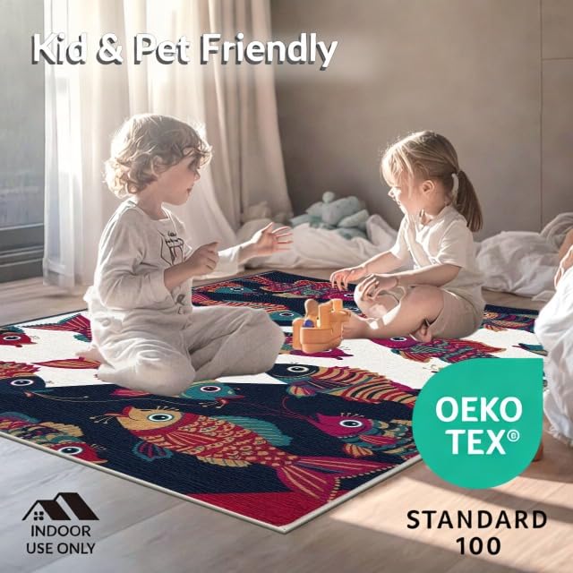 9'x12' Washable Graphic Fish Oversized Rug, Teal Non-Shedding Pet Friendly Carpet Foldable Easy Care Mat for Master Suite, California King, Under Bed | Ref:1885695