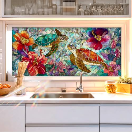 Window Film Sea Turtle Tropical Flower Design PVC Privacy Window Film for Glass Panels 39.3x17.7 Inches Bathroom Living Room Stained Glass Windows Film Static Cling Decorative Home Decor