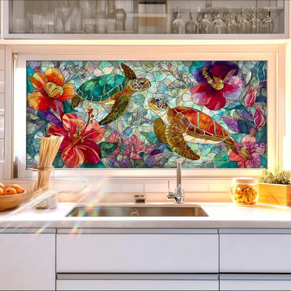 Window Film Sea Turtle Tropical Flower Design PVC Privacy Window Film for Glass Panels 39.3x17.7 Inches Bathroom Living Room Stained Glass Windows Film Static Cling Decorative Home Decor