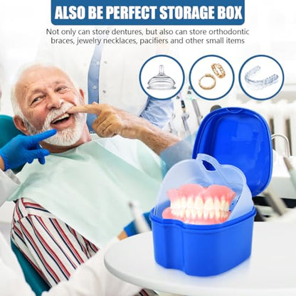KISEER 3 Pack Colors Denture Bath Case Cup Box Holder Storage Soak Container with Strainer Basket for Travel Cleaning (White, Blue, Light Blue) - color: White, Blue, Light Blue