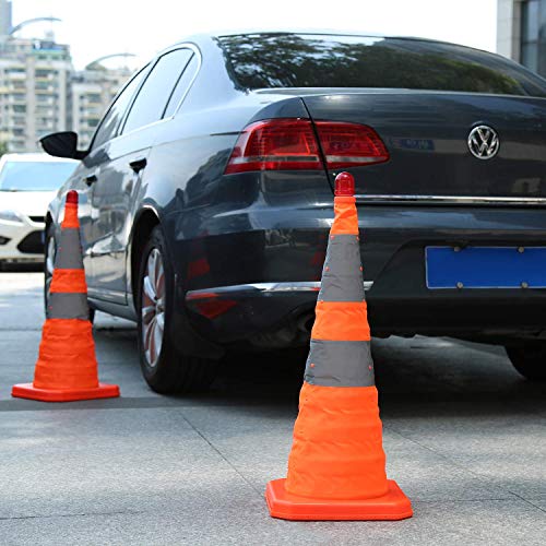 Sunnyglade 4 Pack 28 inch Collapsible Traffic Cones with LED Light Orange | Orange Collapsible Traffic Cones with Reflective Bands Led Lights High-Visibility Oxford Fabric for Parking and Road Safety