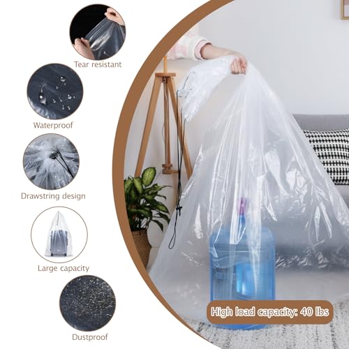 6 Pack 47x59 inches Dustproof Moistureproof Luggage Bags Extra Large Clear Drawstring Plastic Storage-Bags, 4 Mils Luggage Storage Bags for Storage and Keeping Luggages