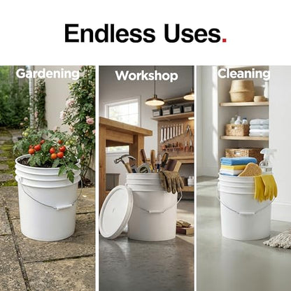 5-Gallon White Bucket Pail With Airtight Lid, Food Grade BPA-Free Premium HDPE, Made In USA, Heavy-Duty Extra Durable Multi-Use, Metal Handles Plastic Grip Easy Carrying, Stackable Easy Store - 6 Pack - size: 6 Pack