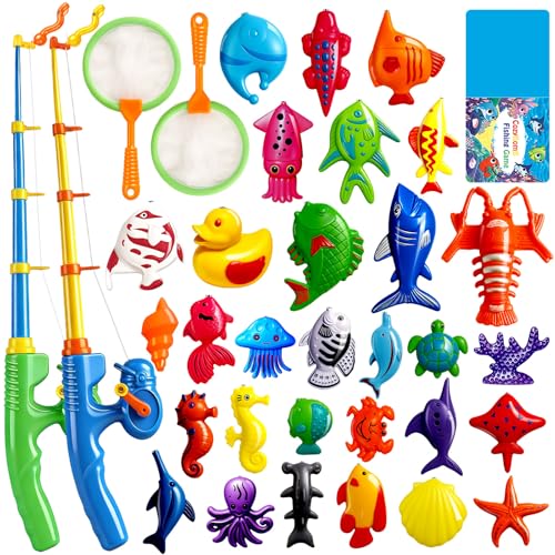 CozyBomB™ Magnetic Fishing Toys Game Set for Kids | Water Table Bathtub Kiddie Pool Party Pole Rod Net, Outdoor Plastic Floating Fish, Toddler Bath Color Ocean Sea Animals Birthday Gift Age 3-5 6 4-8 - size: 30 Fishes, style: 2 Players
