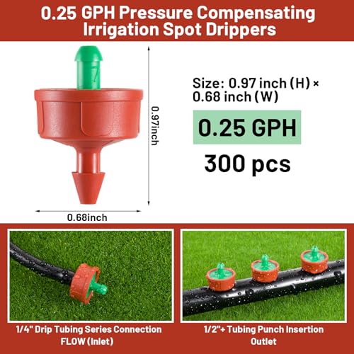 300 PCS 0.25 GPH Pressure Compensating Drip Irrigation Spot Watering Drippers/Emitters, Anti-Clog Self-Cleaning Drip Irrigation Emitters Heads Irrigation Drippers Parts for Seedlings, Mini Gardens - size: 0.25 GPH 300PCS