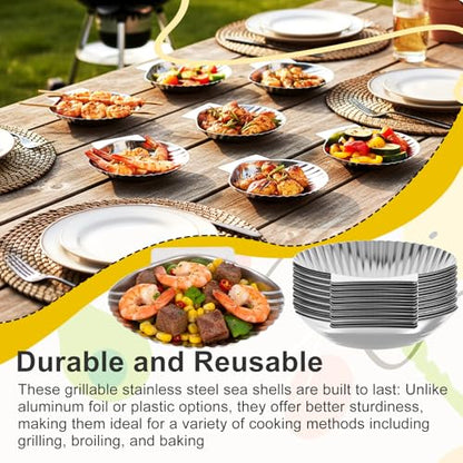30 Pcs Stainless Steel Grillable Shells Reusable Oyster Shells Baking Dishes for Grilling, Broiling, and Serving Seafood Appetizers like Clams, Scallops, and Shrimp, 3.5 Inch Silver Platters