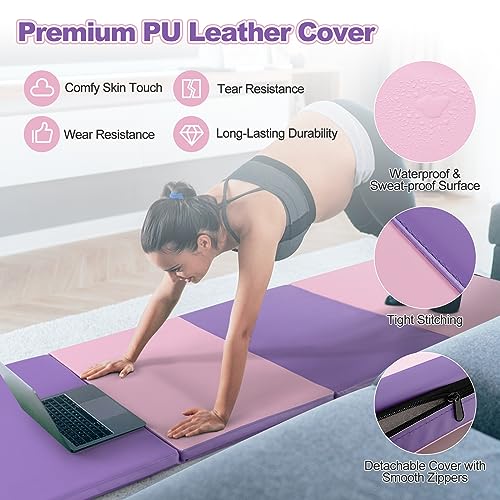 Goplus Gymnastics Mat, Folding Tumbling Mat with Carry Handles, Hook & Loop Fasteners, 4 Panels for Fitness Exercise Yoga Stretching Aerobics Workouts, Thick Gym Mats for Home - color: Pink&Purple