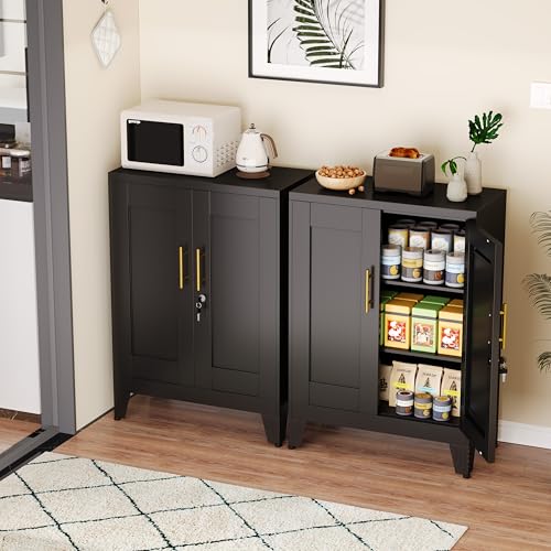 Black Metal Pantry Cabinet with Lock(Two Units), Sideboard Buffet Storage Cabient with Doors and 2 Adjustable Shelves, Multifunctional Kitchen Cupboard for Home Office, Buffet Table - color: Black With Lock (Two Units), size: 11.81"D x 23.62"W x 35.83"H