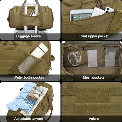 3-in-1 Tactical Gym & Travel Duffle Bag Backpack Men Multi-Functional 45L Military Sports Duffle Bag with Shoe Compartment & Wet Pocket for Workout Weekender Overnight Bag with Molle Webbing, Brown - color: Brown