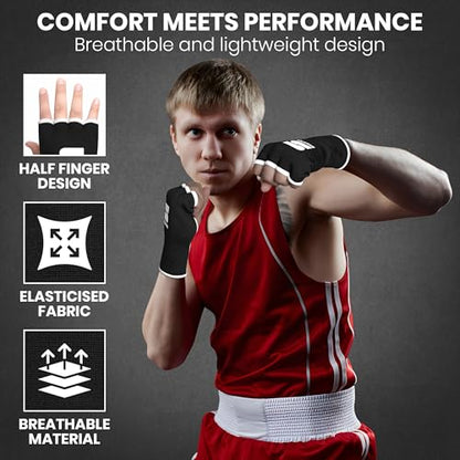 Stealth Sports Boxing Hand Wraps Inner Gloves – Premium Boxing Inner Gloves – Half Finger Boxing Punching Mitts – Elasticated Wrap Boxing Mitts for Kickboxing, Muay Thai, MMA - size: Large-X-Large