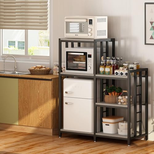 METYERRY6-Tier Adjustable Mini Fridge Cabinet With Power Outlet,Kitchen Bakers Rack With storage,Mini Fridge And Microwave Stand,Coffee Bar, Free Standing Shelf for Kitchen, Home Office,Balcony,Greige