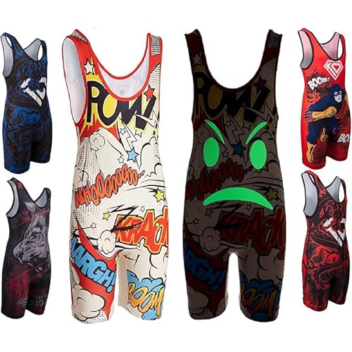 KO Sports Gear Adult Wrestling Singlets, Funny & Holiday Designs, XS-3XL - color: Glow in the Dark Comic Book, size: X-Small